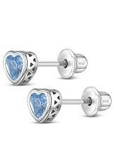 exquisite silver 5mm heart screw back baby March birthstone earrings